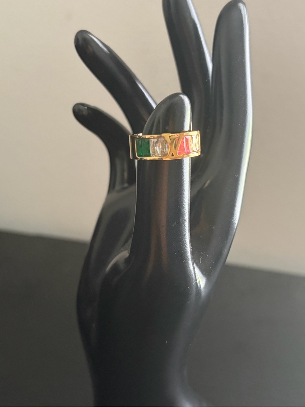 Louis Vuitton Gold Ring with Green, Clear, and Pink Stones
